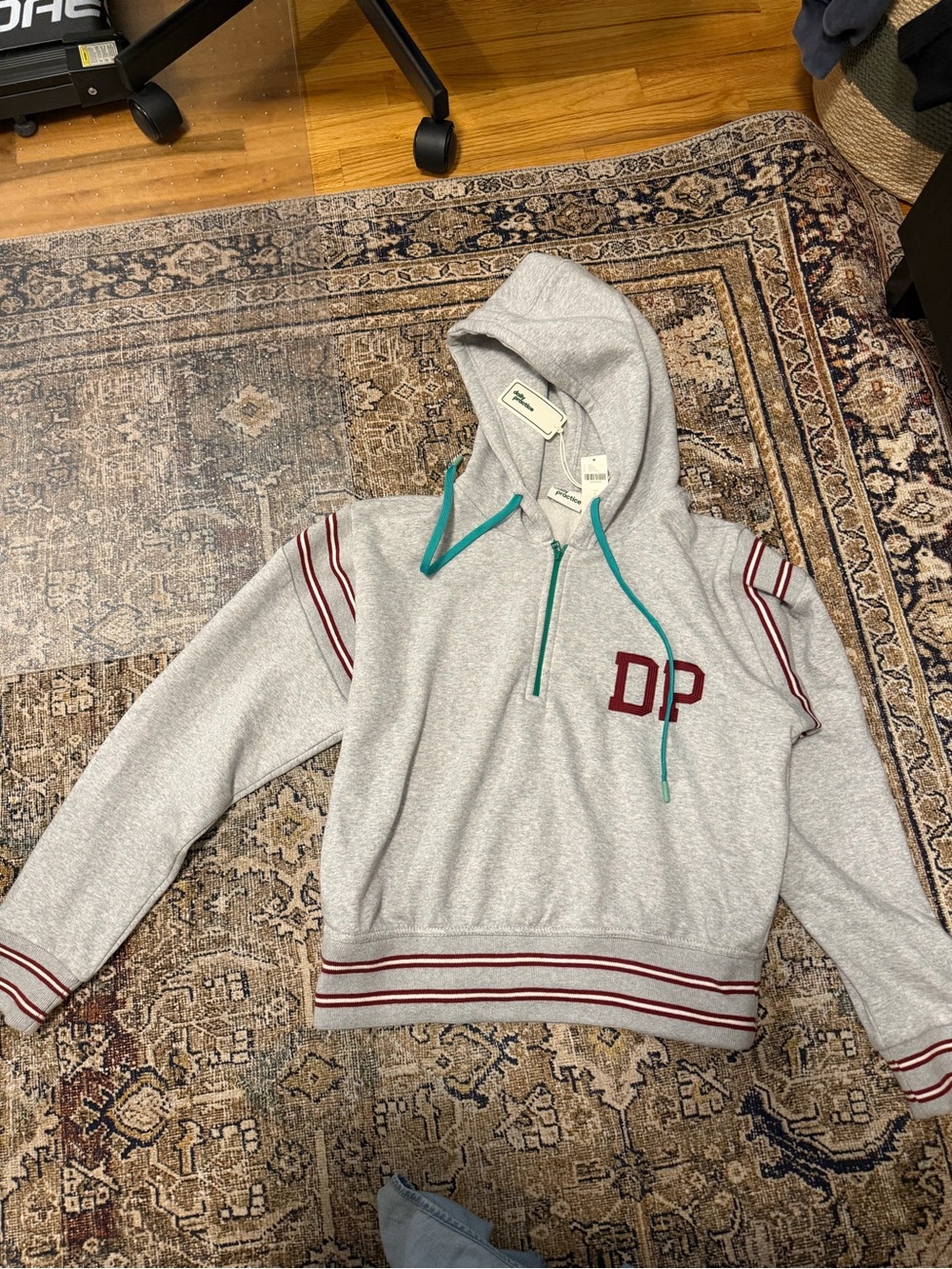 DP Embroidered Gray Hooded Sweatshirt with Red Stripe Accents